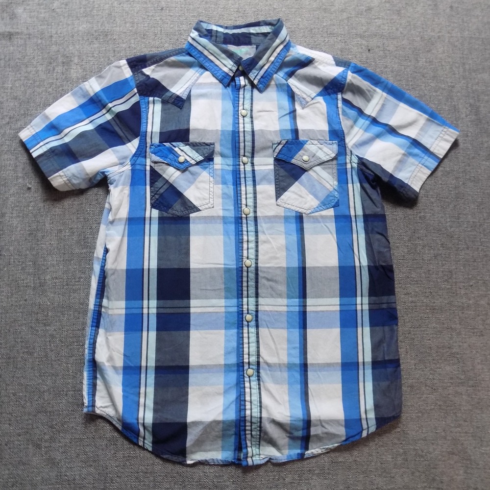 Arizona Button Down Shirt Boys XL 14/16 Blue Plaid Good Western Snap Short Slv